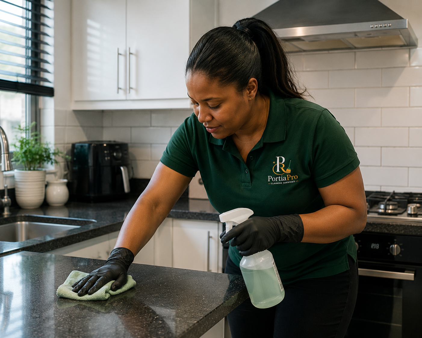 PortiaPro cleaner sanitising a modern kitchen worktop